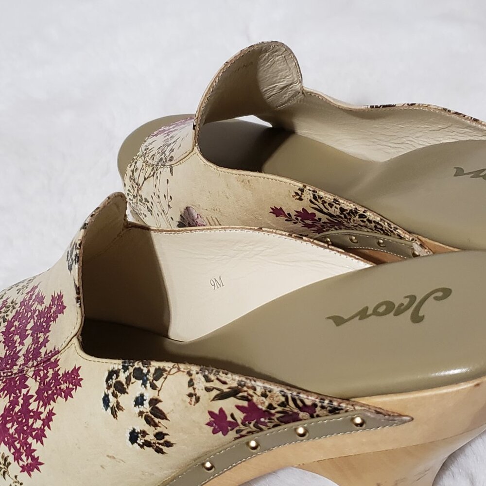 Jeon Art to Wear 9M Leather Heels Clogs Mules Italy Wood Floral Boho Indie Retro - Picture 10 of 11
